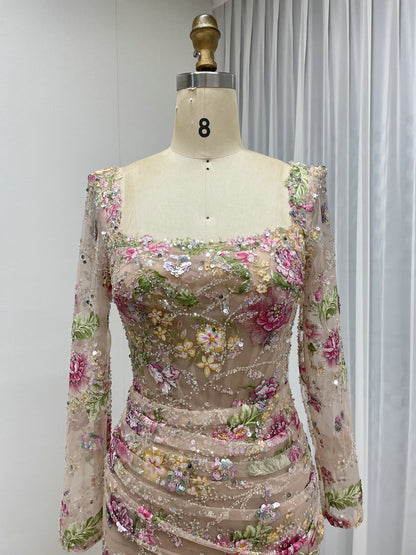 Champagne Pink Floral Sequin Mermaid Evening Dress Sheer Long Sleeve Ruched Formal Gown MY30235-2