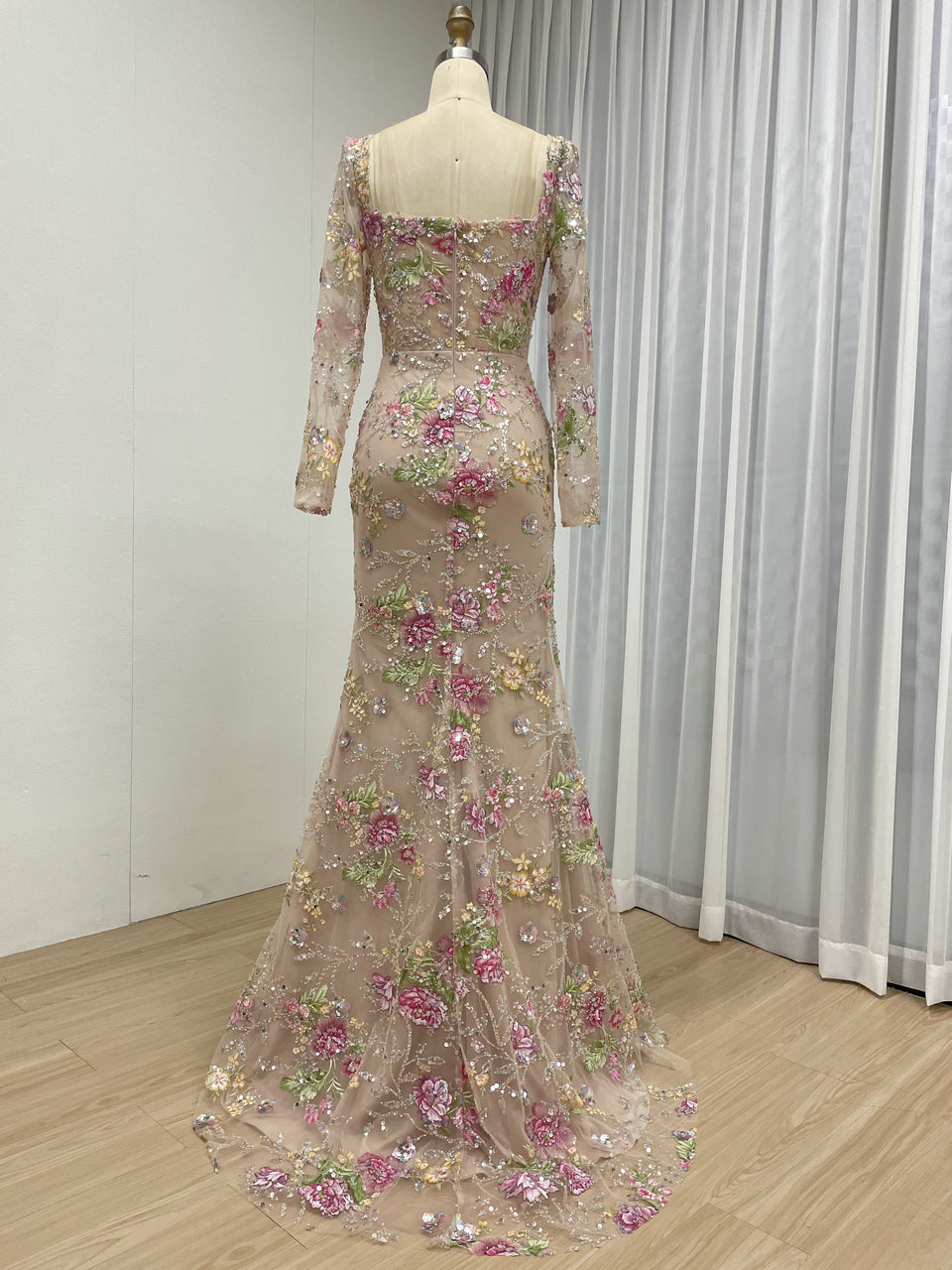 Champagne Pink Floral Sequin Mermaid Evening Dress Sheer Long Sleeve Ruched Formal Gown MY30235-2