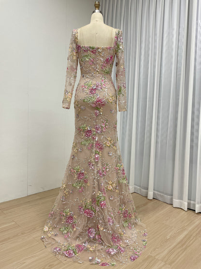 Champagne Pink Floral Sequin Mermaid Evening Dress Sheer Long Sleeve Ruched Formal Gown MY30235-2