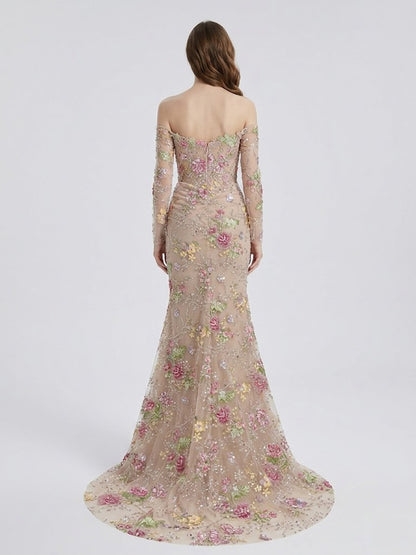 Champagne Floral Embroidered Mermaid Evening Gown Long Sleeve Prom Dress MY30235