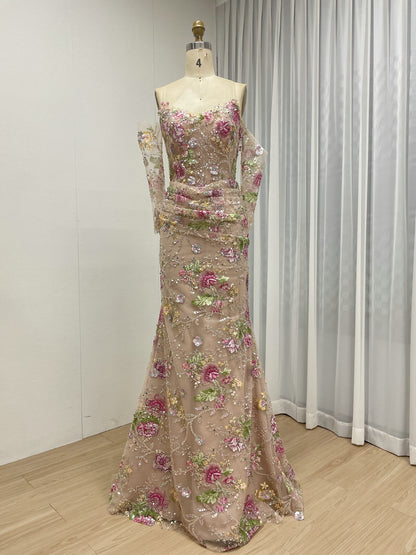 Champagne Floral Embroidered Mermaid Evening Gown Long Sleeve Prom Dress MY30235