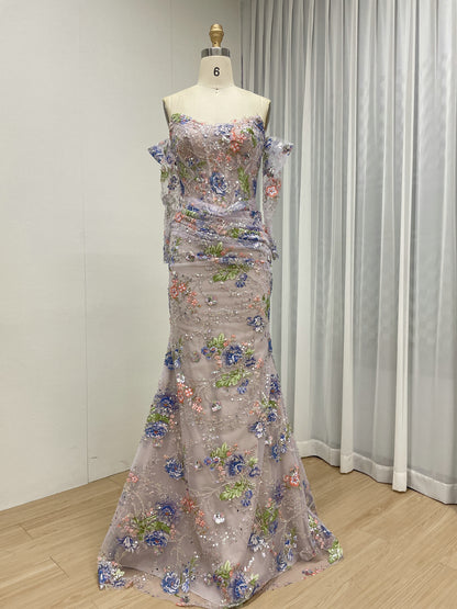 Champagne Floral Embroidered Mermaid Evening Gown Long Sleeve Prom Dress MY30235