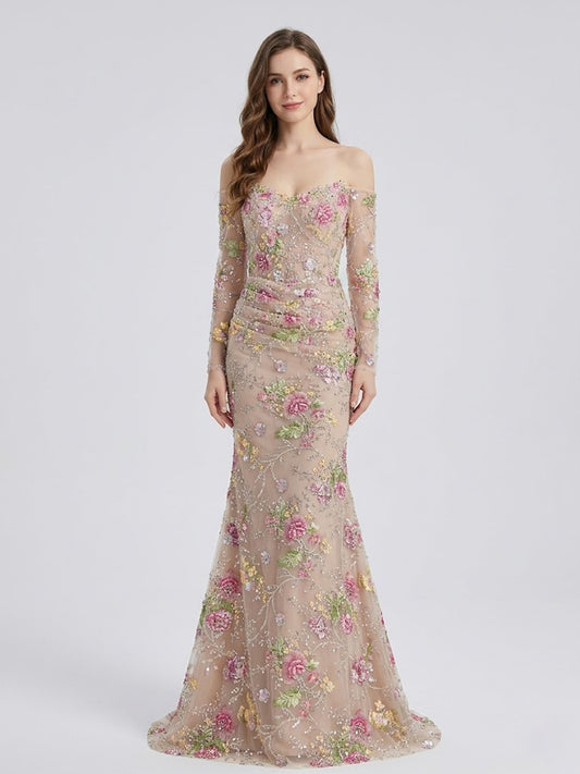 Champagne Floral Embroidered Mermaid Evening Gown Long Sleeve Prom Dress MY30235