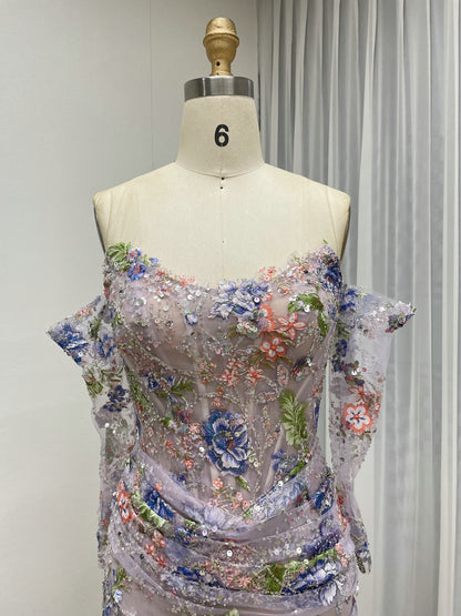 Champagne Floral Embroidered Mermaid Evening Gown Long Sleeve Prom Dress MY30235
