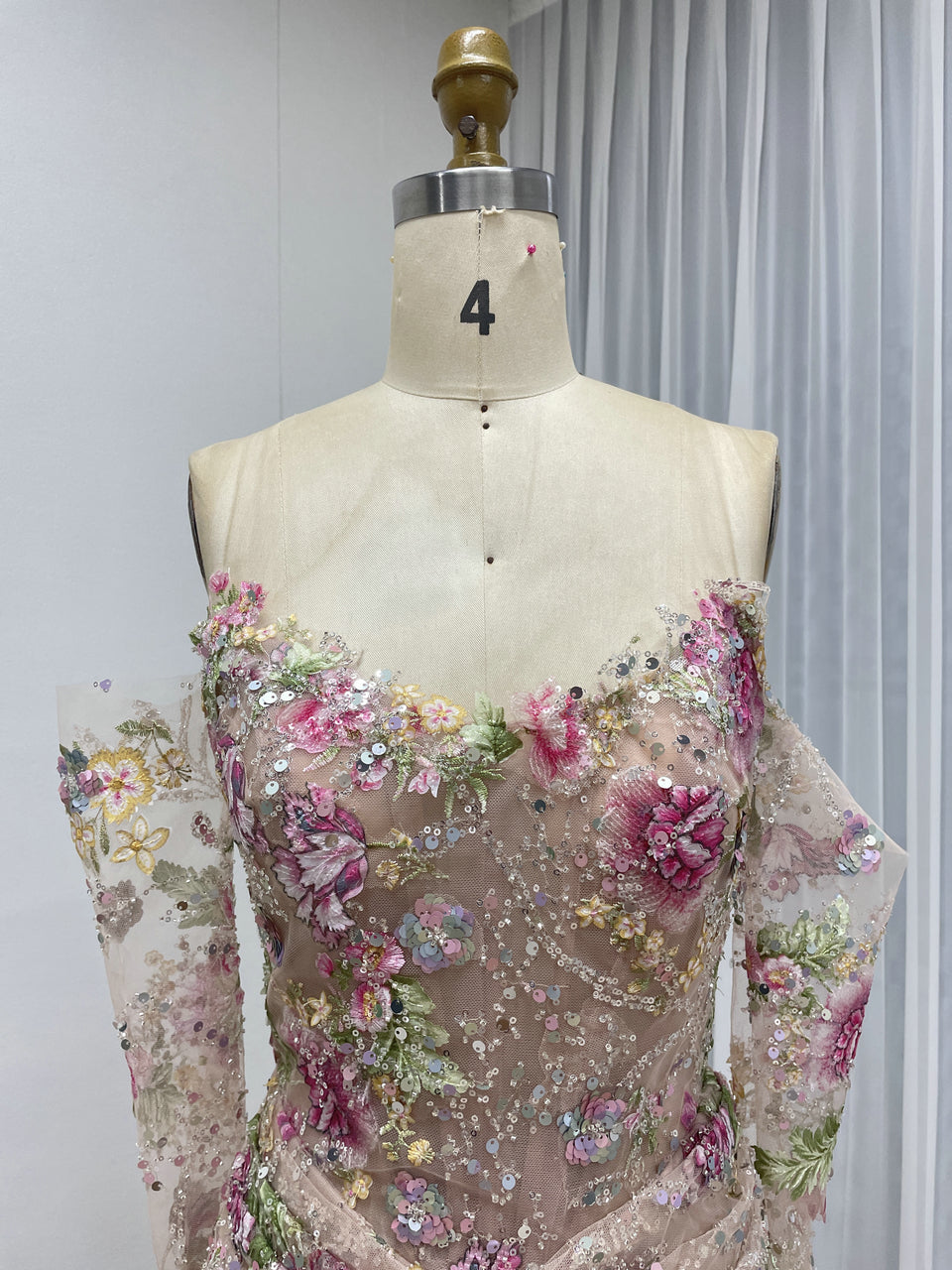 Champagne Floral Embroidered Mermaid Evening Gown Long Sleeve Prom Dress MY30235