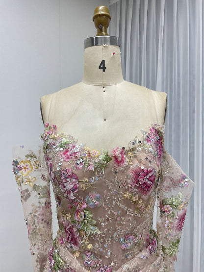 Champagne Floral Embroidered Mermaid Evening Gown Long Sleeve Prom Dress MY30235