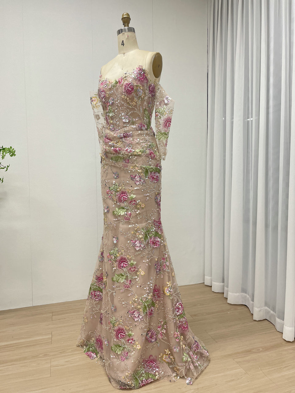 Champagne Floral Embroidered Mermaid Evening Gown Long Sleeve Prom Dress MY30235