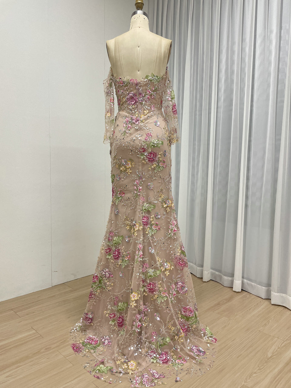 Champagne Floral Embroidered Mermaid Evening Gown Long Sleeve Prom Dress MY30235
