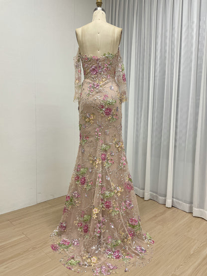 Champagne Floral Embroidered Mermaid Evening Gown Long Sleeve Prom Dress MY30235