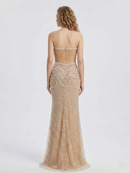 Champagne Beaded Mermaid Evening Gown Strapless Art Deco Formal Dress MY30240