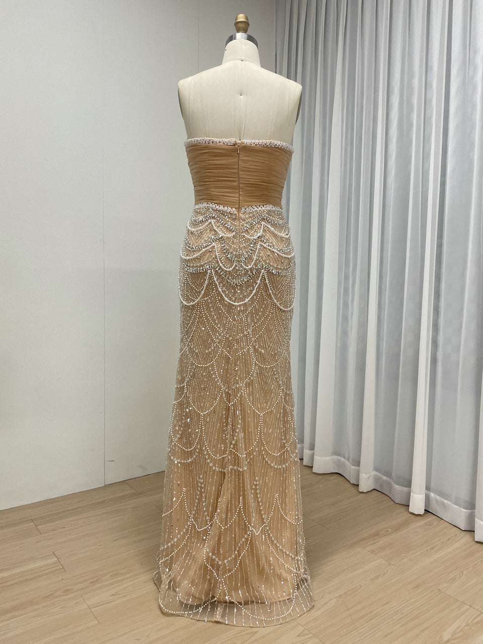 Champagne Beaded Mermaid Evening Gown Strapless Art Deco Formal Dress MY30240