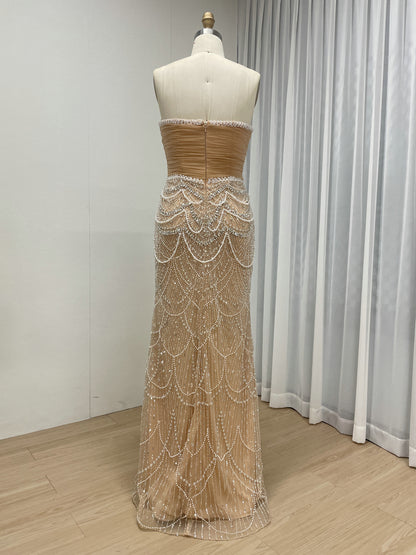 Champagne Beaded Mermaid Evening Gown Strapless Art Deco Formal Dress MY30240