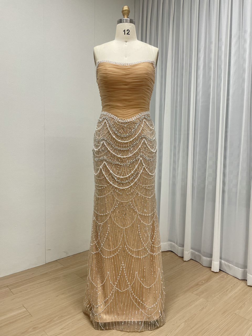 Champagne Beaded Mermaid Evening Gown Strapless Art Deco Formal Dress MY30240
