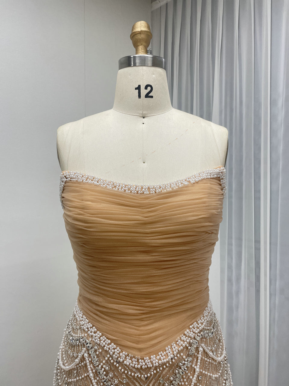 Champagne Beaded Mermaid Evening Gown Strapless Art Deco Formal Dress MY30240