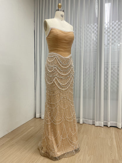 Champagne Beaded Mermaid Evening Gown Strapless Art Deco Formal Dress MY30240