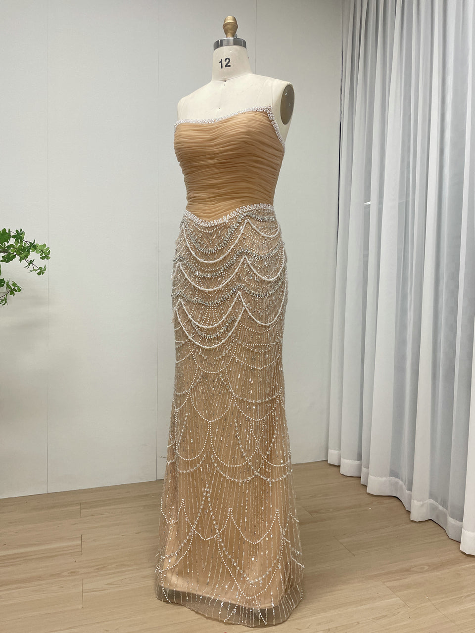 Champagne Beaded Mermaid Evening Gown Strapless Art Deco Formal Dress MY30240