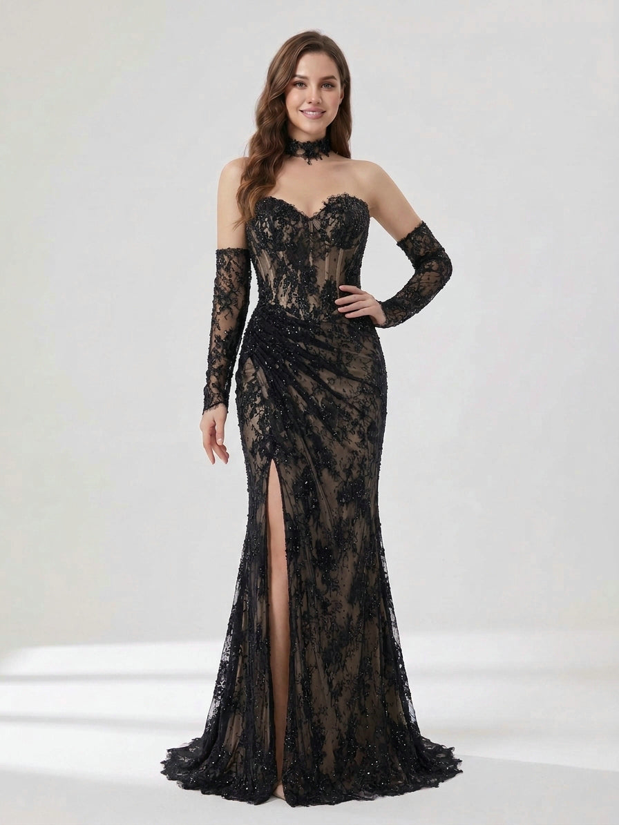 Black Sweetheart Lace Mermaid Long Evening Dress with Matching Choker and Sleeves MY30242-2