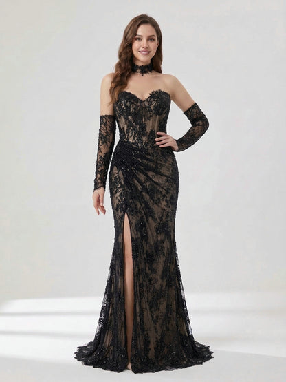 Black Sweetheart Lace Mermaid Long Evening Dress with Matching Choker and Sleeves MY30242-2