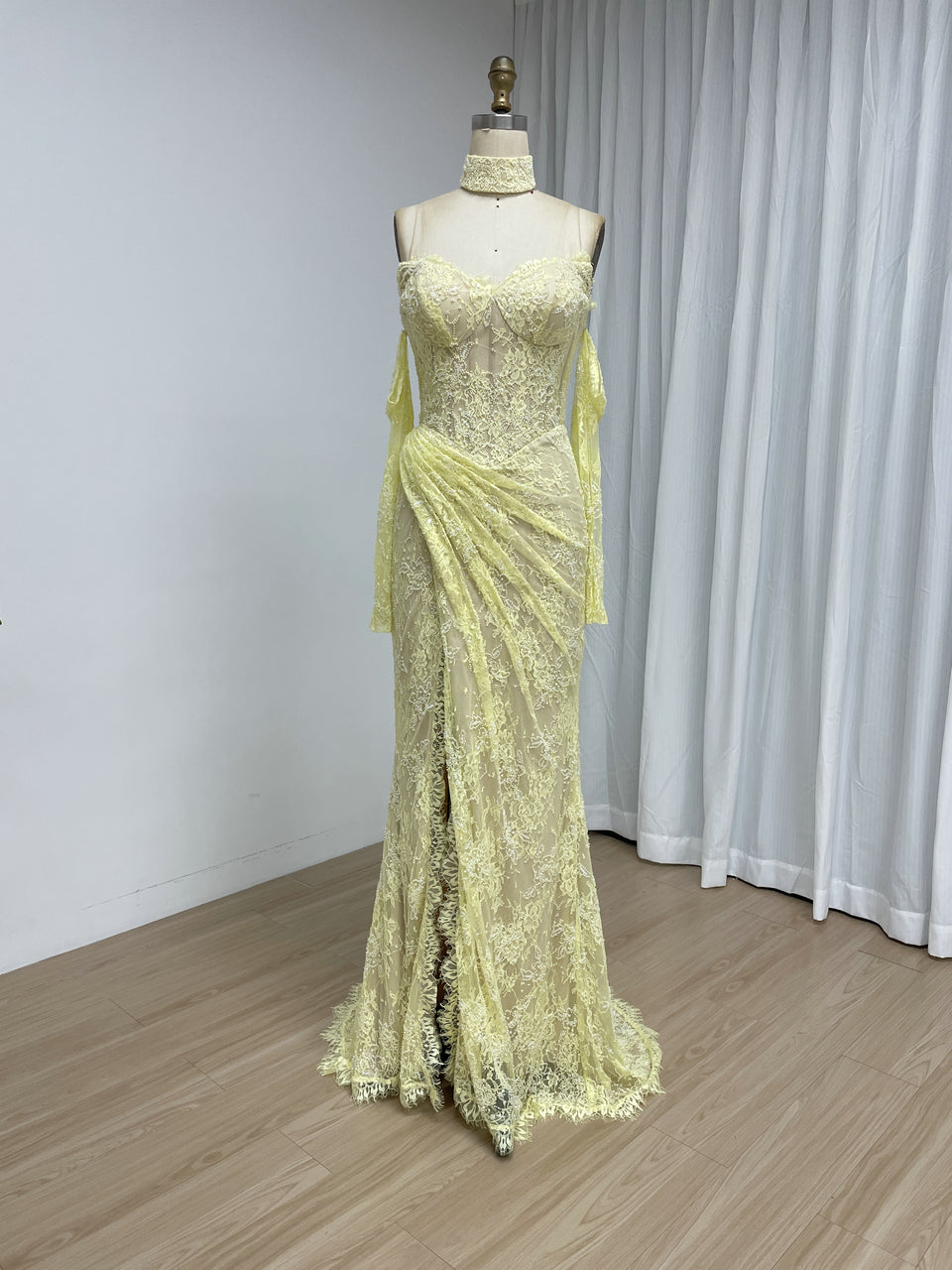 Black Sweetheart Lace Mermaid Long Evening Dress with Matching Choker and Sleeves MY30242-2