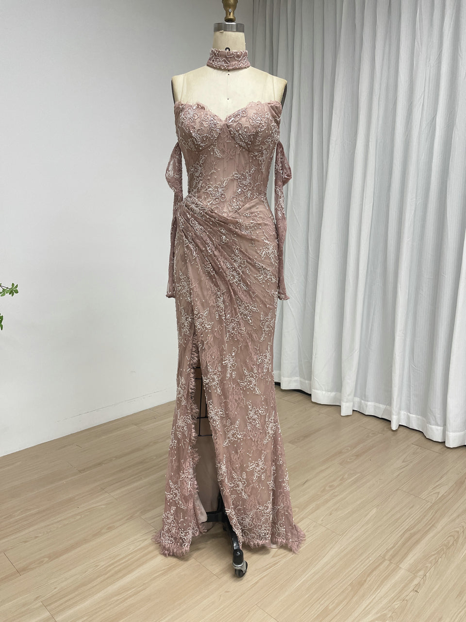 Black Sweetheart Lace Mermaid Long Evening Dress with Matching Choker and Sleeves MY30242-2