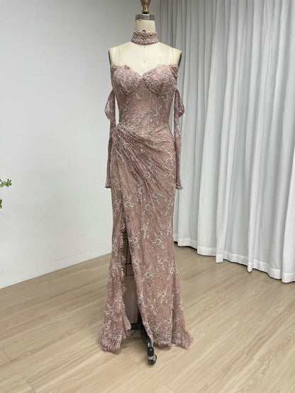Black Sweetheart Lace Mermaid Long Evening Dress with Matching Choker and Sleeves MY30242-2