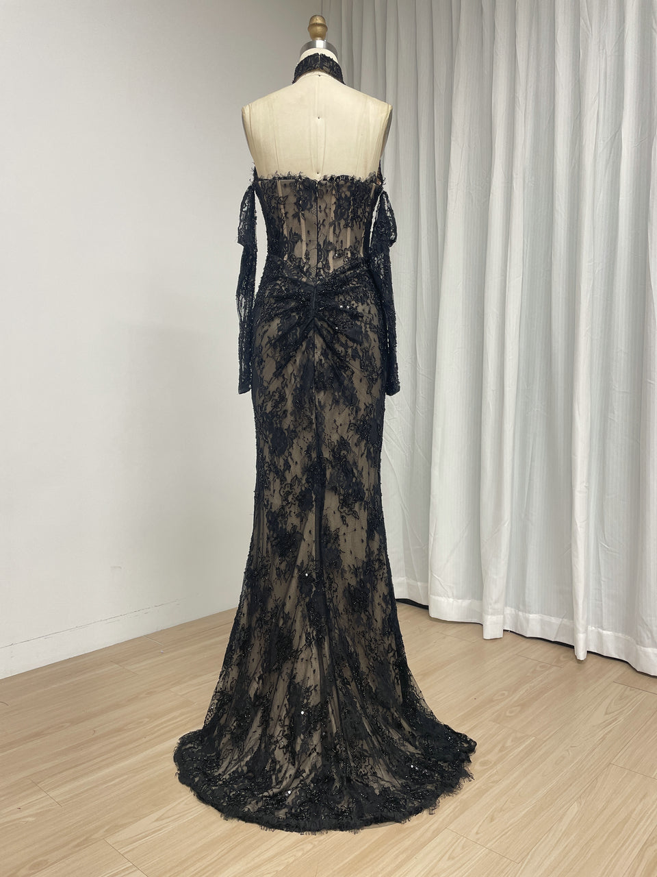 Black Sweetheart Lace Mermaid Long Evening Dress with Matching Choker and Sleeves MY30242-2