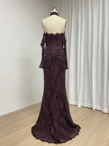 Black Sweetheart Lace Mermaid Long Evening Dress with Matching Choker and Sleeves MY30242-2