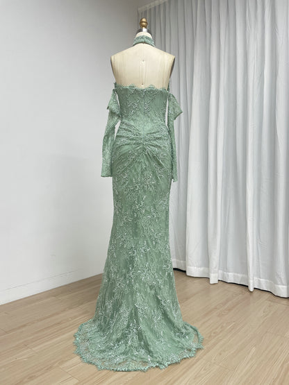 Black Sweetheart Lace Mermaid Long Evening Dress with Matching Choker and Sleeves MY30242-2