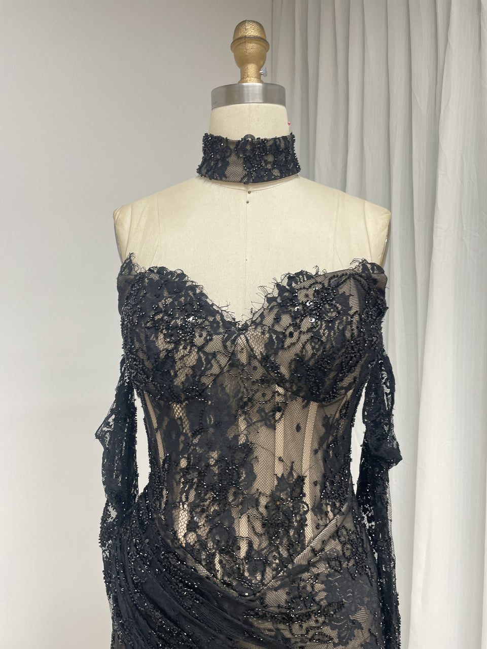 Black Sweetheart Lace Mermaid Long Evening Dress with Matching Choker and Sleeves MY30242-2