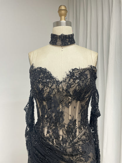 Black Sweetheart Lace Mermaid Long Evening Dress with Matching Choker and Sleeves MY30242-2