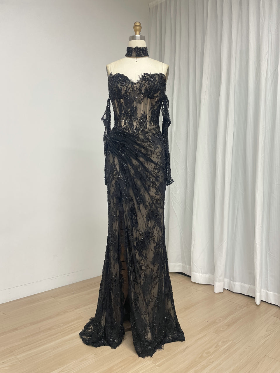 Black Sweetheart Lace Mermaid Long Evening Dress with Matching Choker and Sleeves MY30242-2