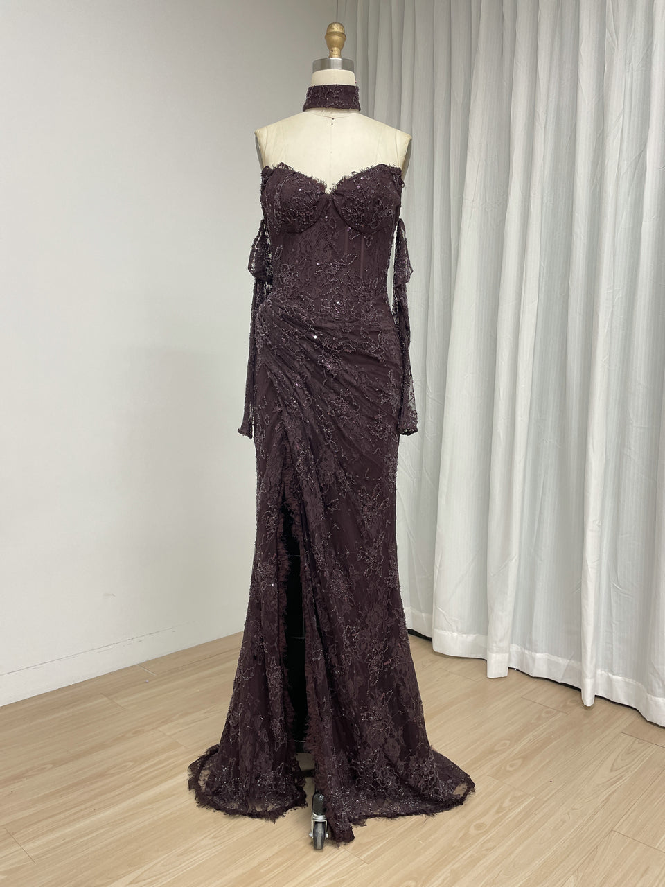Black Sweetheart Lace Mermaid Long Evening Dress with Matching Choker and Sleeves MY30242-2