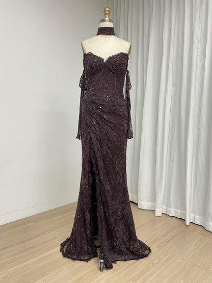 Black Sweetheart Lace Mermaid Long Evening Dress with Matching Choker and Sleeves MY30242-2