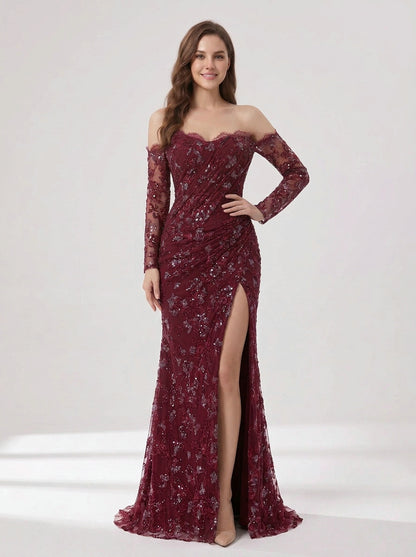 Long Sleeve Burgundy Off-the-Shoulder Beading Lace Mermaid Evening Dress with Slit MY30244-2