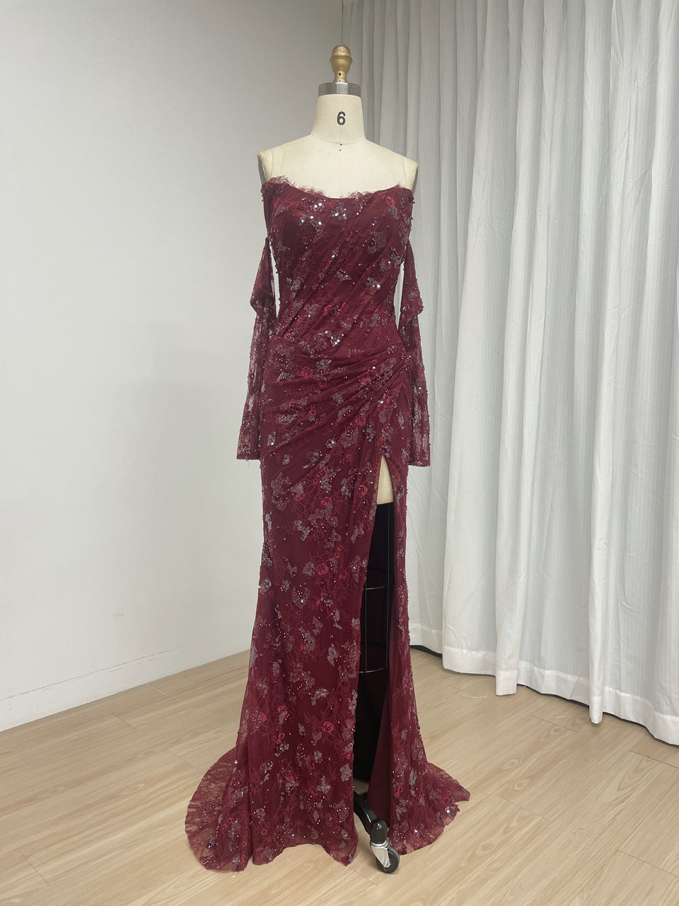 Long Sleeve Burgundy Off-the-Shoulder Beading Lace Mermaid Evening Dress with Slit MY30244-2