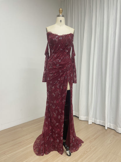 Long Sleeve Burgundy Off-the-Shoulder Beading Lace Mermaid Evening Dress with Slit MY30244-2