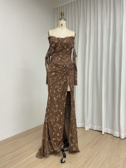 Long Sleeve Burgundy Off-the-Shoulder Beading Lace Mermaid Evening Dress with Slit MY30244-2