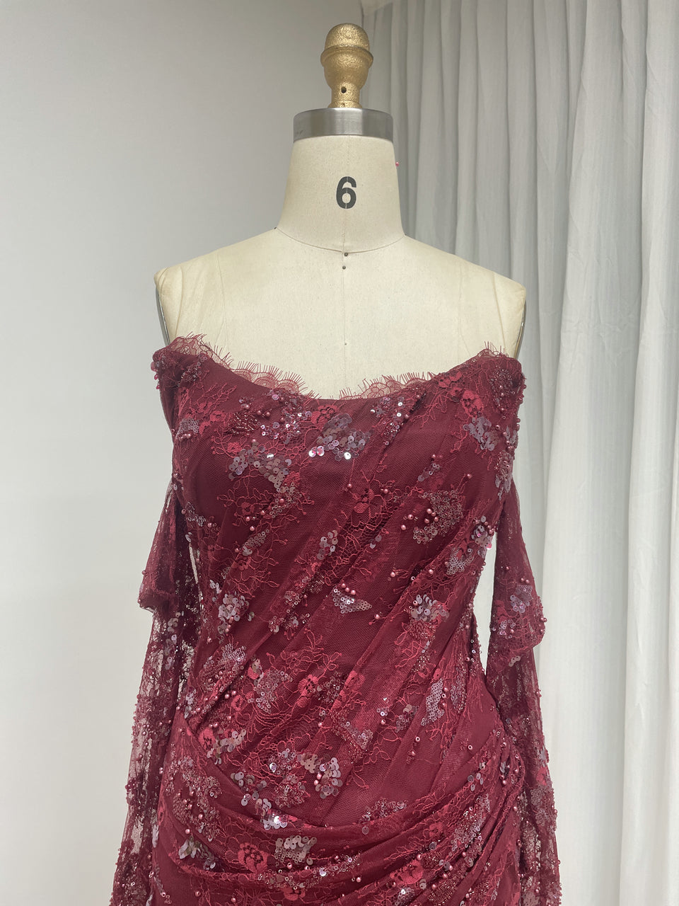 Long Sleeve Burgundy Off-the-Shoulder Beading Lace Mermaid Evening Dress with Slit MY30244-2