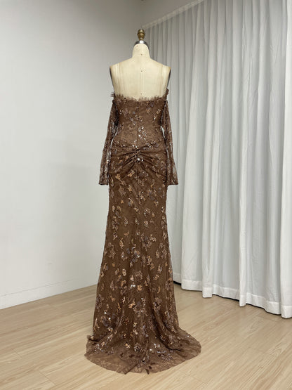 Long Sleeve Burgundy Off-the-Shoulder Beading Lace Mermaid Evening Dress with Slit MY30244-2