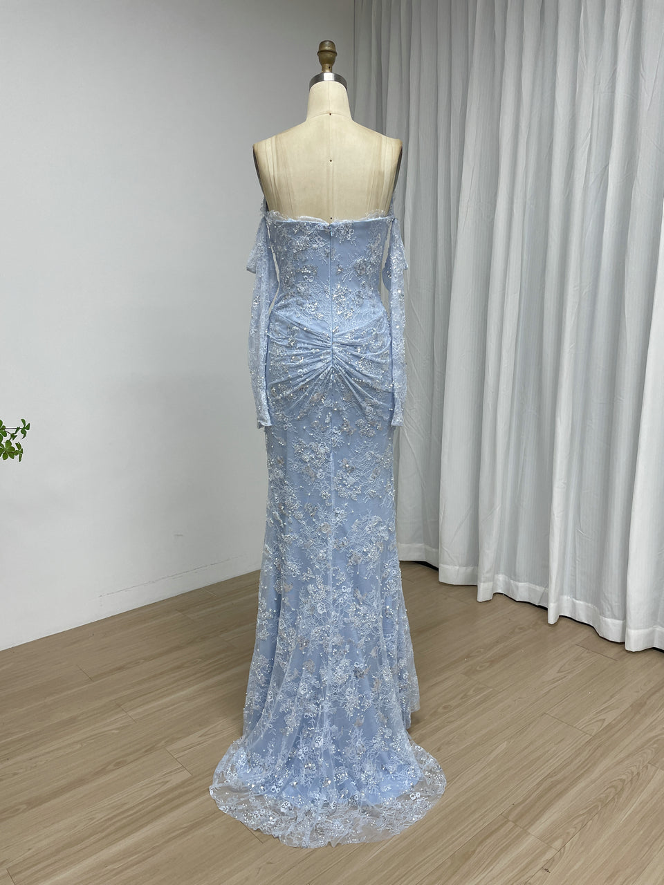 Long Sleeve Burgundy Off-the-Shoulder Beading Lace Mermaid Evening Dress with Slit MY30244-2