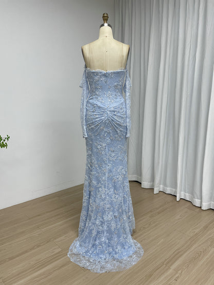 Long Sleeve Burgundy Off-the-Shoulder Beading Lace Mermaid Evening Dress with Slit MY30244-2