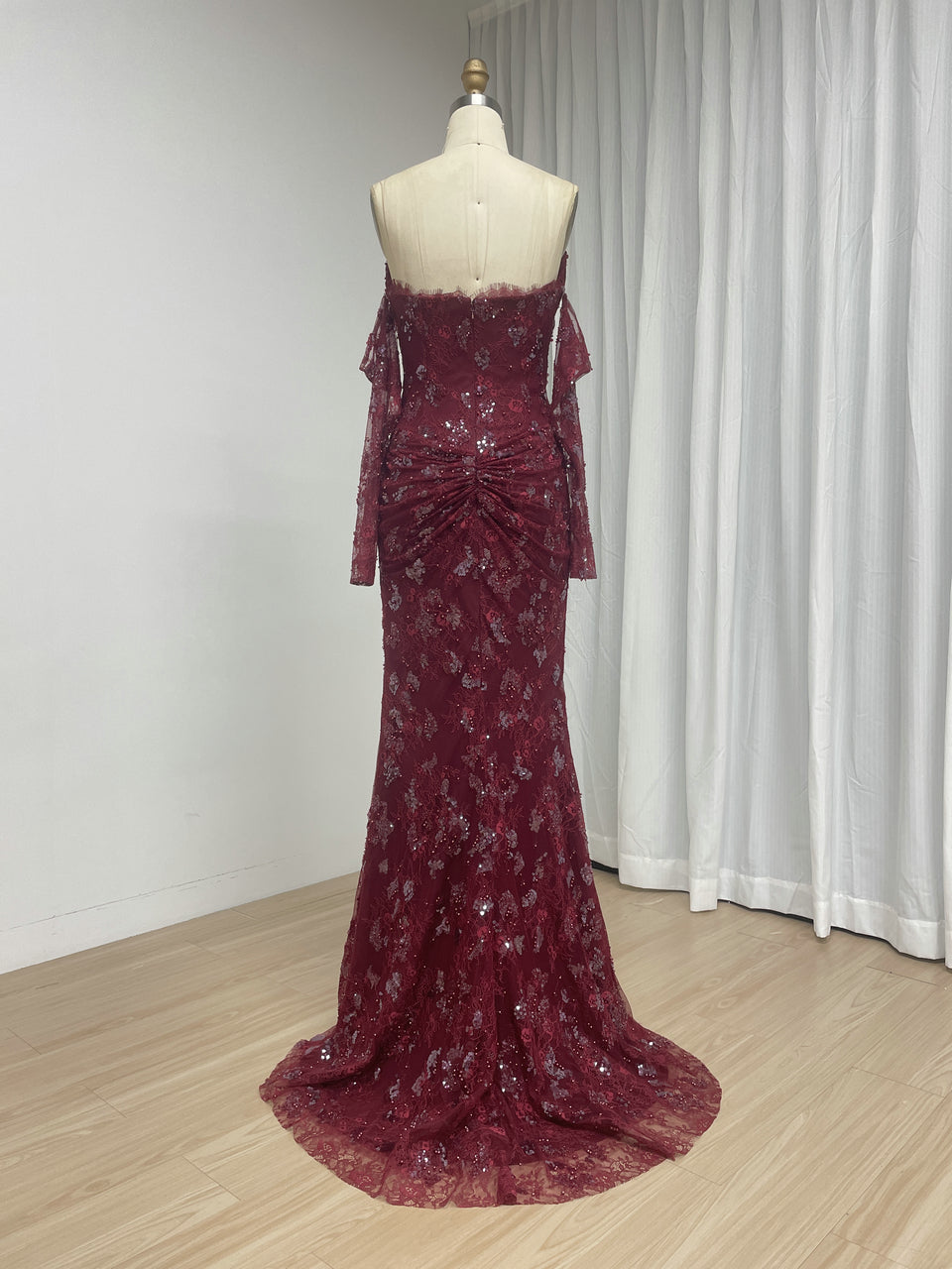 Long Sleeve Burgundy Off-the-Shoulder Beading Lace Mermaid Evening Dress with Slit MY30244-2