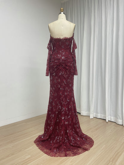 Long Sleeve Burgundy Off-the-Shoulder Beading Lace Mermaid Evening Dress with Slit MY30244-2