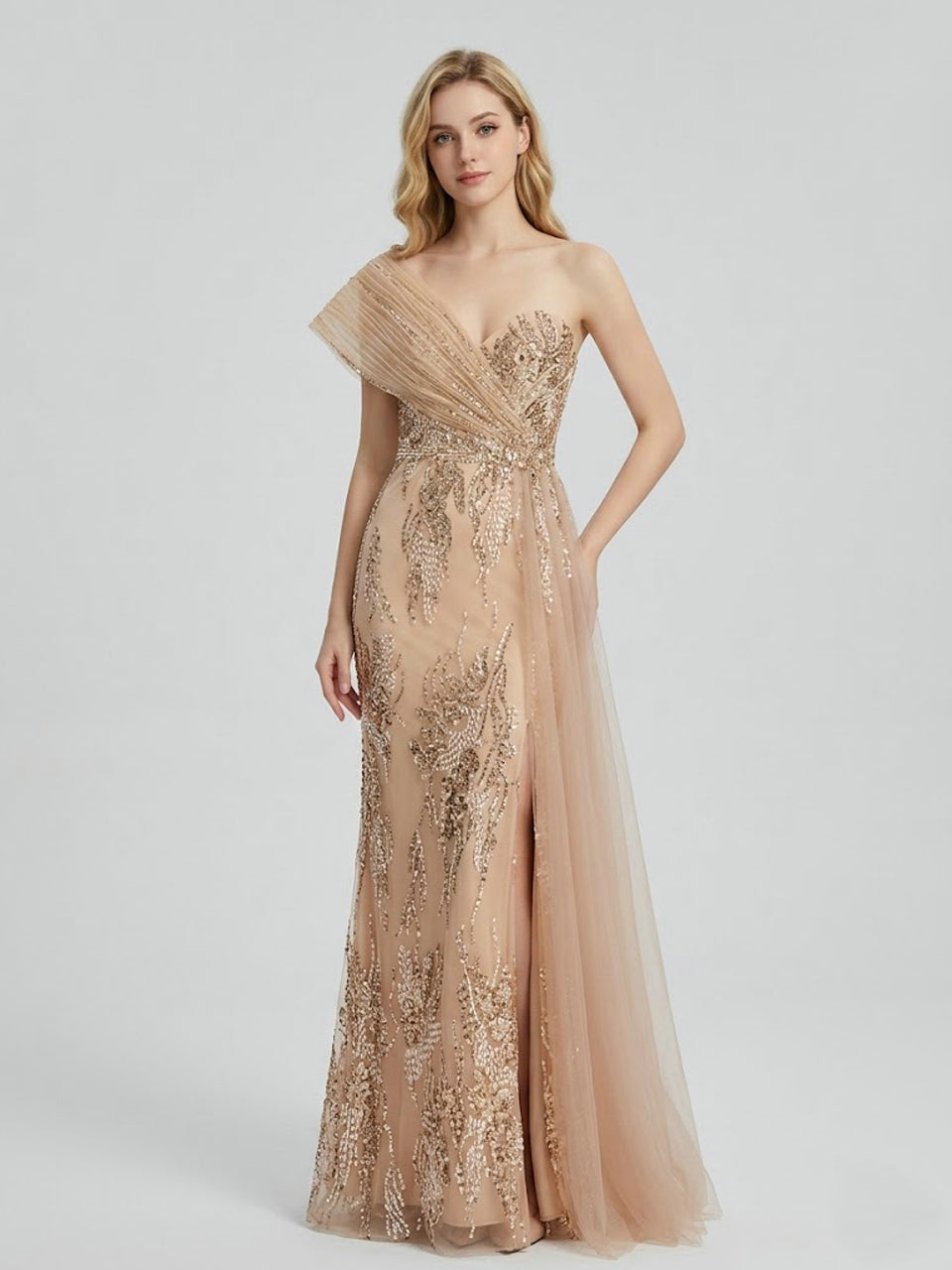 Shimmering Pink Beaded Floral Evening Gown with Tulle Drape MY30245