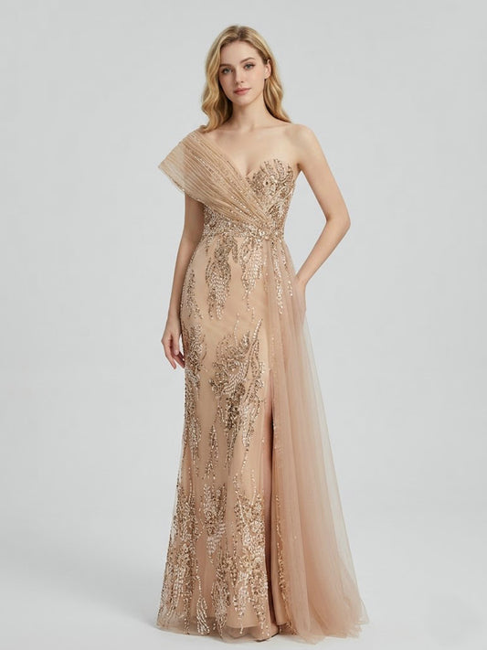 Shimmering Pink Beaded Floral Evening Gown with Tulle Drape MY30245