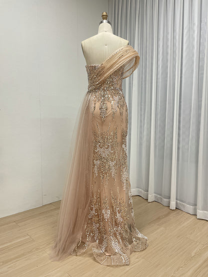 Shimmering Pink Beaded Floral Evening Gown with Tulle Drape MY30245