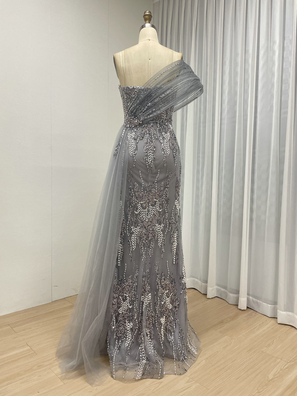 Shimmering Pink Beaded Floral Evening Gown with Tulle Drape MY30245