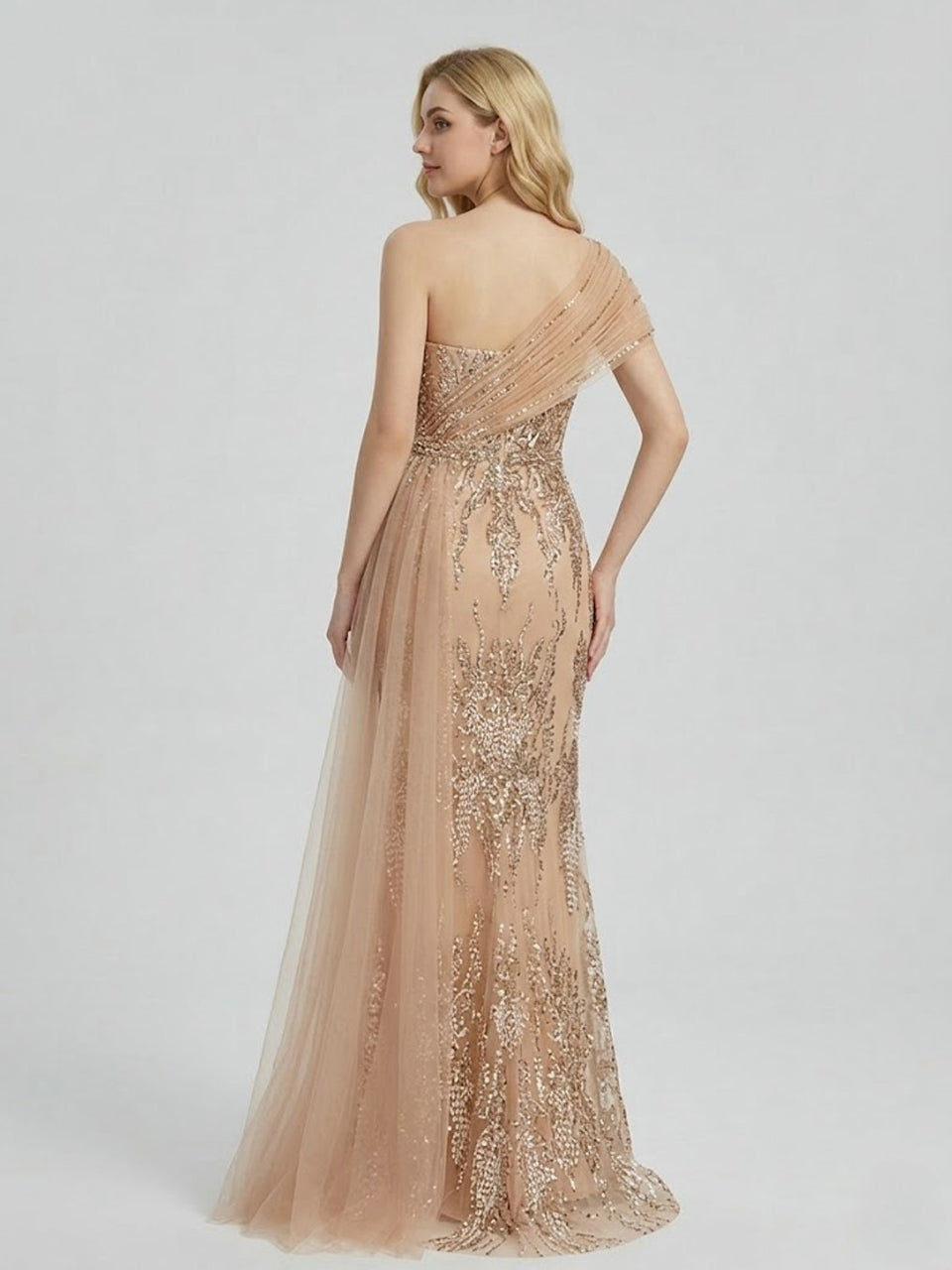 Shimmering Pink Beaded Floral Evening Gown with Tulle Drape MY30245