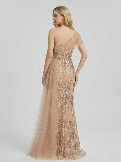 Shimmering Pink Beaded Floral Evening Gown with Tulle Drape MY30245