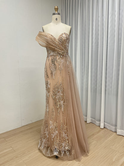 Shimmering Pink Beaded Floral Evening Gown with Tulle Drape MY30245